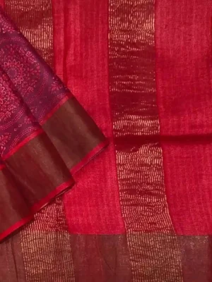 Pure Tussar Silk Saree in Wine Red with Golden Zari Border