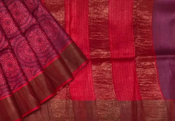 Pure Tussar Silk Saree in Wine Red with Golden Zari Border