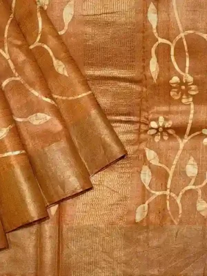 Pure Tussar Silk Saree in Rust Brown with Floral Creepers