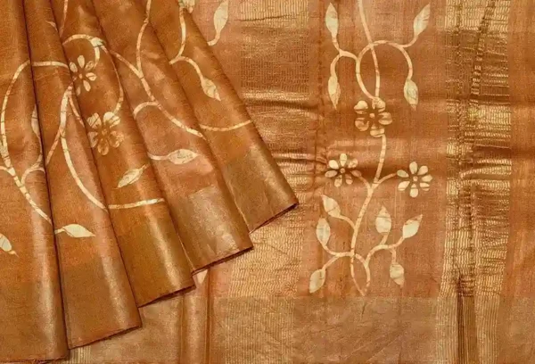 Pure Tussar Silk Saree in Rust Brown with Floral Creepers