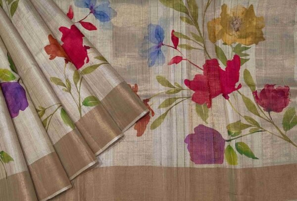Pure Tussar Silk Saree with Handpainted Floral Prints