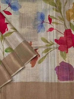 Pure Tussar Silk Saree with Handpainted Floral Prints
