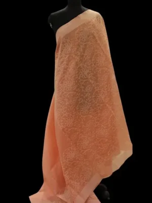 Peach Orange Semi Chanderi Saree with Thread Embroidery