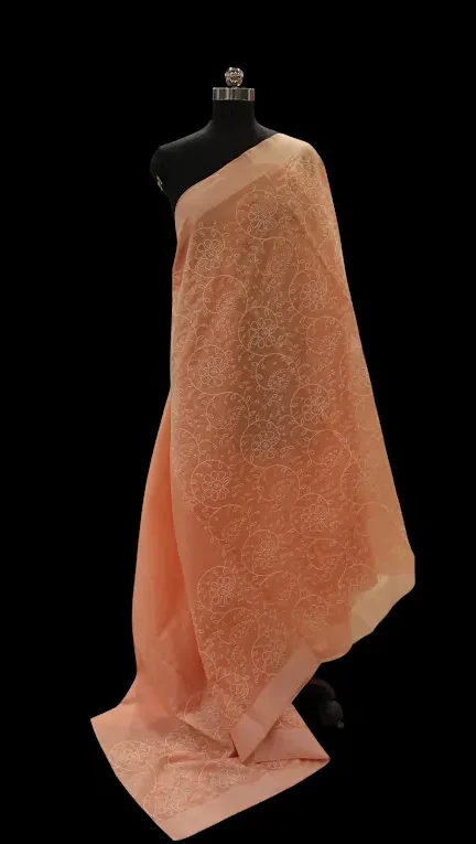 Peach Orange Semi Chanderi Saree with Thread Embroidery