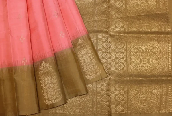 Pure Soft Silk Saree In Coral Pink With Small Buttas