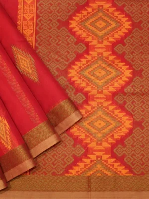 Pinkish Red Kovai Cotton Saree In Geometric Patterns