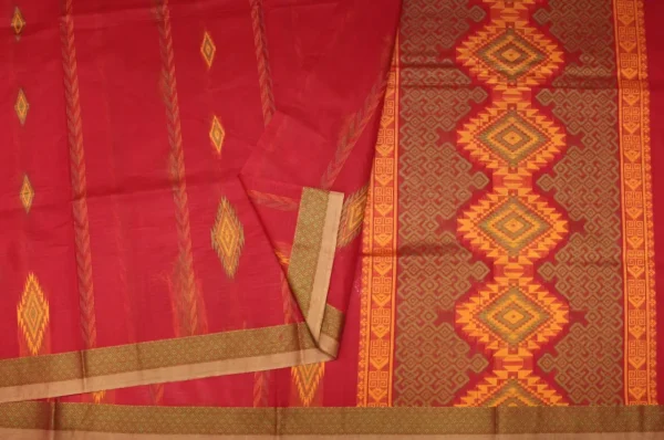 Pinkish Red Kovai Cotton Saree In Geometric Patterns