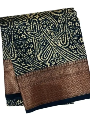 Pure Navy Blue Chanderi Cotton Saree In CloseUp