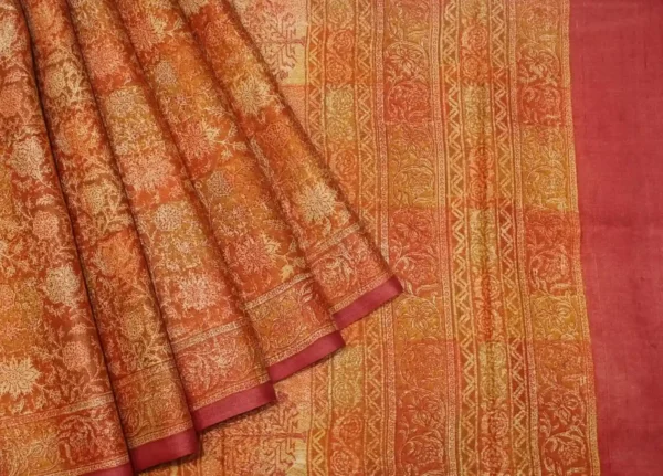 Rust Orange Pure Tussar Silk Saree