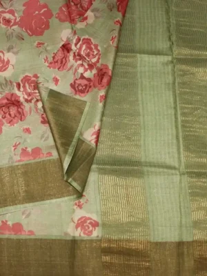 Sage Green Pure Tussar Silk Saree with Floral Prints In CloseUp