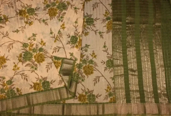 Semi Chanderi Saree in Cream White and Light Green with Floral Prints