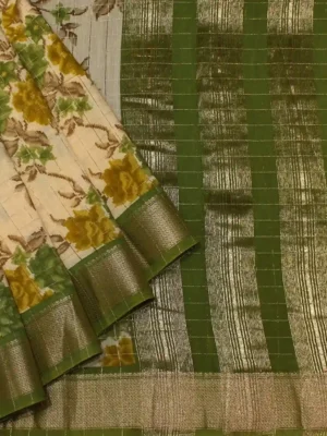 Cream White Semi Chanderi Saree In Floral Print