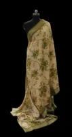 Semi Chanderi Saree in Cream White and Light Green with Floral Prints