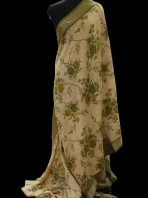 Semi Chanderi Saree in Cream White and Light Green with Floral Prints