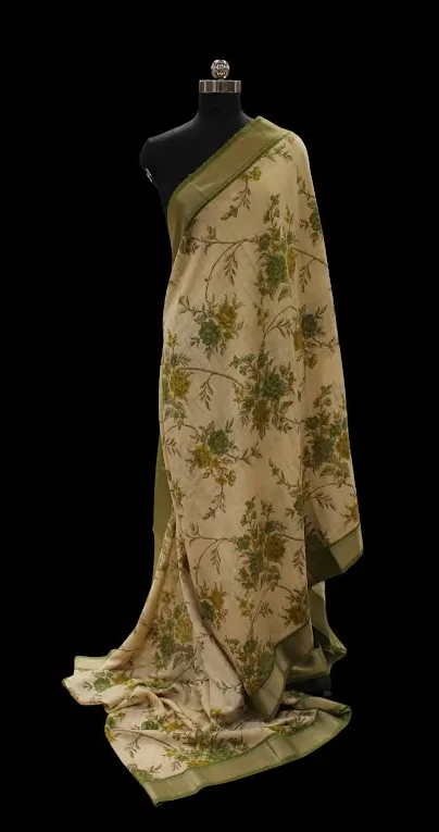 Semi Chanderi Saree in Cream White and Light Green with Floral Prints