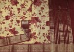 Semi Chanderi Saree in Cream White with Pastel Maroon Floral Prints