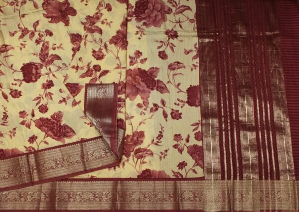 Semi Chanderi Saree in Cream White with Pastel Maroon Floral Prints