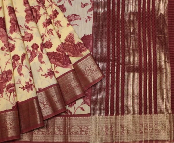 Semi Chanderi Saree in Cream White with Pastel Maroon Floral Prints