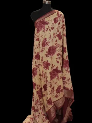 Semi Chanderi Saree in Cream White with Pastel Maroon Floral Prints