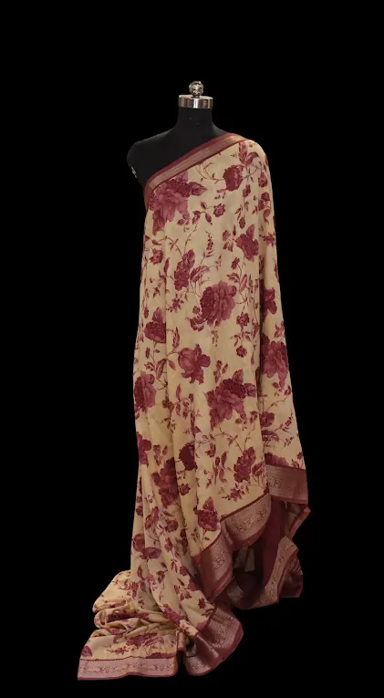 Semi Chanderi Saree in Cream White with Pastel Maroon Floral Prints