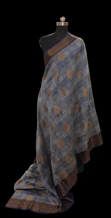 Slate Blue Chanderi Cotton Saree with Checks & Zari Buttas