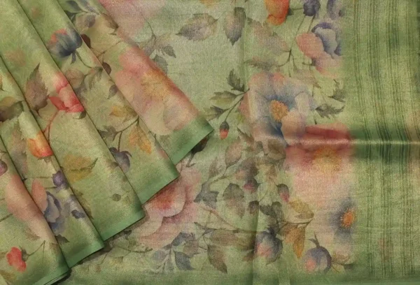 Spring Green Semi Tissue Saree with Floral Digital Prints