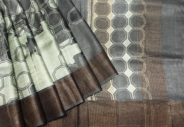 Pure Tussar Silk Saree In Ash Grey