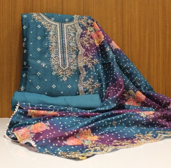 Dark Teal Bandhani Raw Silk Salwar Material
