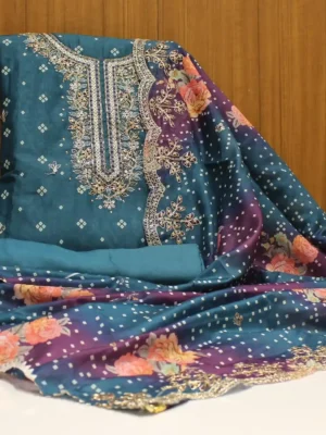 Dark Teal Bandhani Raw Silk Salwar Material