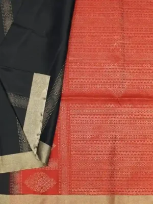Black Zari Soft Silk Saree with gold zari patterns and red contrast pallu In CloseUp