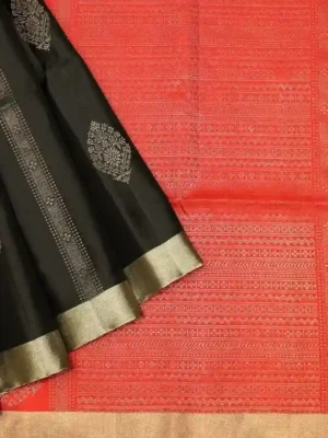 Pure Soft Silk Saree In Birch Black With Red Pallu