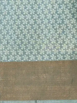 Pastel Blue Tussar Saree with Rose Prints In Blouse