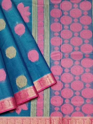 Iconic Kovai Cotton Saree In Deep Sea Blue With Peacock Border