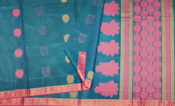 Iconic Kovai Cotton Saree In Deep Sea Blue With Peacock Border