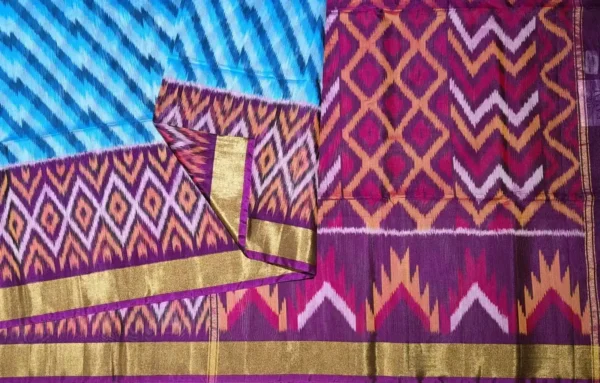 Handloom Blue Pochampally Silk Cotton Saree with Lehariya Ikat Designs