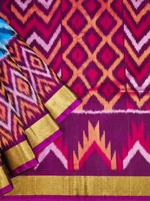 Handloom Blue Pochampally Silk Cotton Saree with Lehariya Ikat Designs
