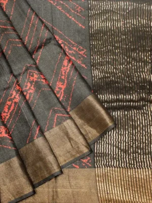 Pure Tussar Silk Saree In Charcoal Black