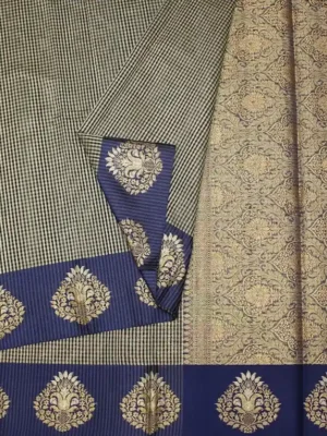 Close-up of self micro checks and Royal Blue gold zari border on Checks Semi Chanderi Saree