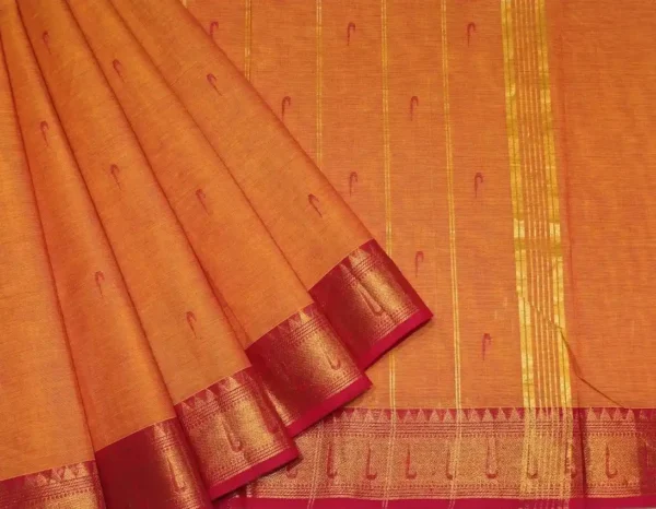Chettinad Kanchi Cotton In Orange With Gold Zari