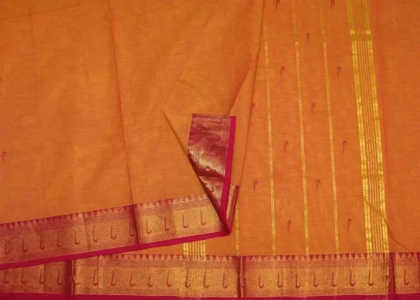 Chettinad Kanchi Cotton In Orange With Gold Zari