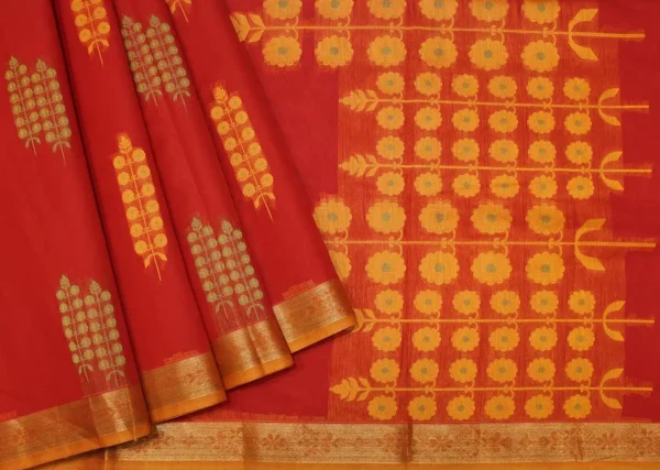 Pure Kovai Cotton Saree In Chilly Red With Tree Motifs