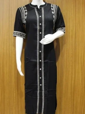 Chinese Collar Kurti In Charcoal Grey With White And Brown Thread Work