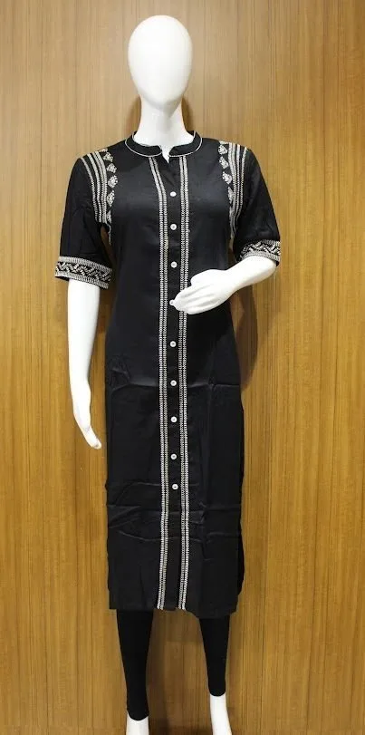 Chinese Collar Kurti In Charcoal Grey With White And Brown Thread Work