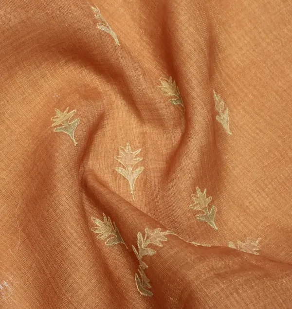 Tissue Linen Saree In Copper Rust With Embroidery
