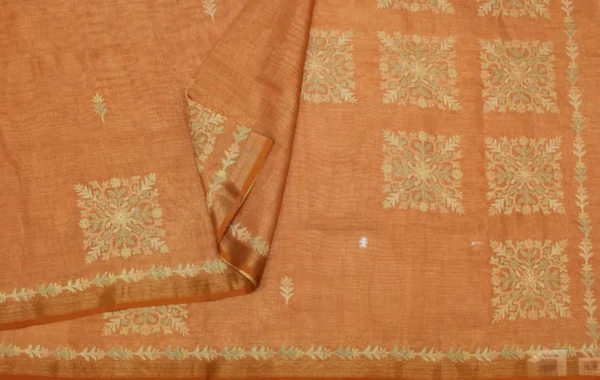 Tissue Linen Saree In Copper Rust With Embroidery