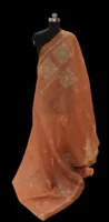 Tissue Linen Saree In Copper Rust With Embroidery