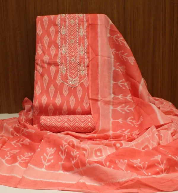Cotton Unstitched Salwar Material In Coral Peach