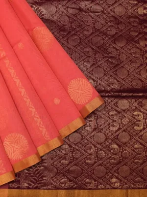 Pure Silk Cotton Saree In Coral Pink