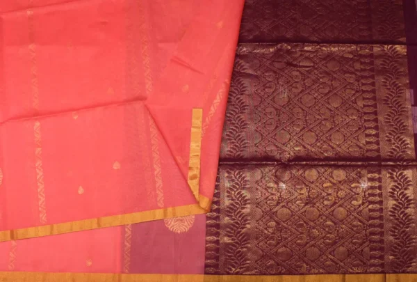 Pure Silk Cotton Saree In Coral Pink