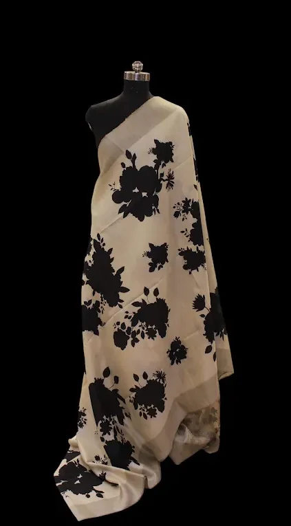 Semi Tussar Saree In Cream Beige With Digital Floral